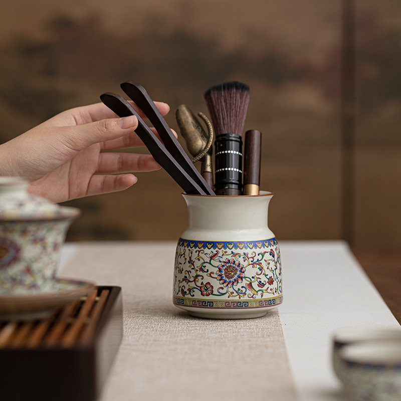 Set bej din ceramică Ru Kiln pentru ceremoniile de ceai, șase piese, ustensile Kung Fu pentru ceai: cuțit de ceai, clește pentru ceai, perie și lingură de ceai