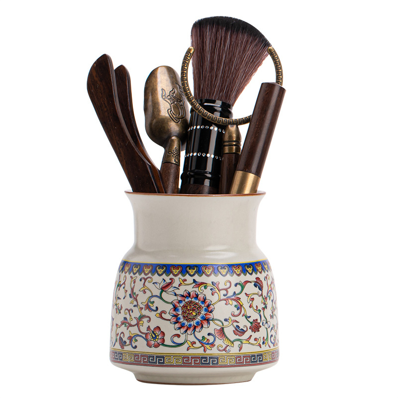 Set bej din ceramică Ru Kiln pentru ceremoniile de ceai, șase piese, ustensile Kung Fu pentru ceai: cuțit de ceai, clește pentru ceai, perie și lingură de ceai
