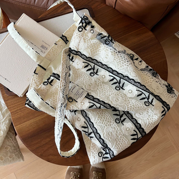 Su Xi torba za rameno od platna s čipkom i mrežastim uzorkom, francuski stil, ležerna romantična za žene
