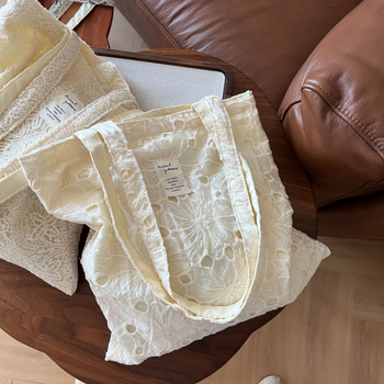 Su Xi torba za rameno od platna s čipkom i mrežastim uzorkom, francuski stil, ležerna romantična za žene