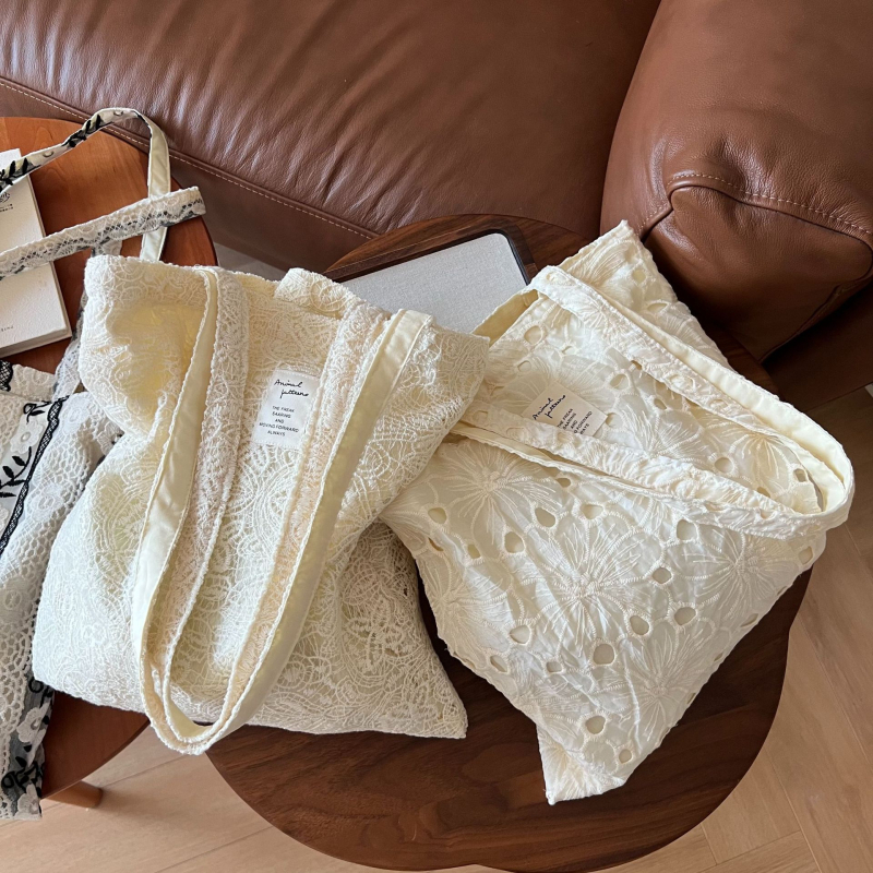 Su Xi torba za rameno od platna s čipkom i mrežastim uzorkom, francuski stil, ležerna romantična za žene