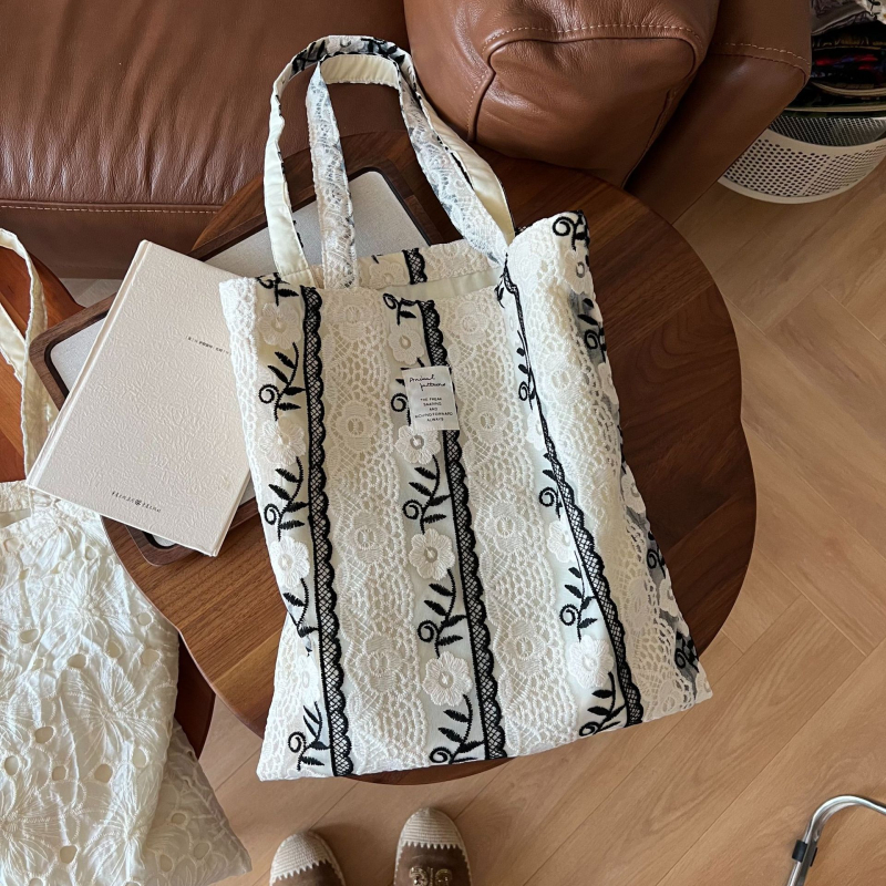 Su Xi torba za rameno od platna s čipkom i mrežastim uzorkom, francuski stil, ležerna romantična za žene