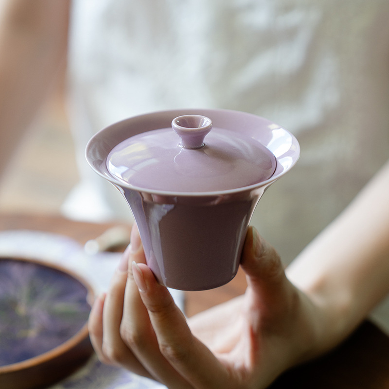 Gaiwan ceramic stil chinezesc nou, mov, pentru uz personal acasă sau la birou, set Gongfu de ceai minimalist și elegant.