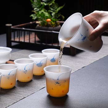 Set gaiwan din porțelan pictat manual, cu efect jad de gheață, set Gongfu de trei piese, ceramică Dehua, design Guochao.