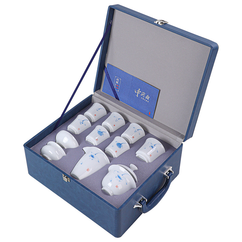 Set gaiwan din porțelan pictat manual, cu efect jad de gheață, set Gongfu de trei piese, ceramică Dehua, design Guochao.