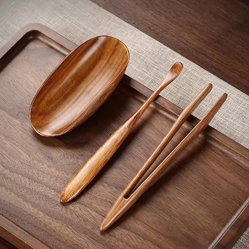 Set Kung Fu ceai din lemn masiv: lingură de ceai, clips pentru ceai și suport de ceai – set de trei piese pentru ceremonia ceaiului