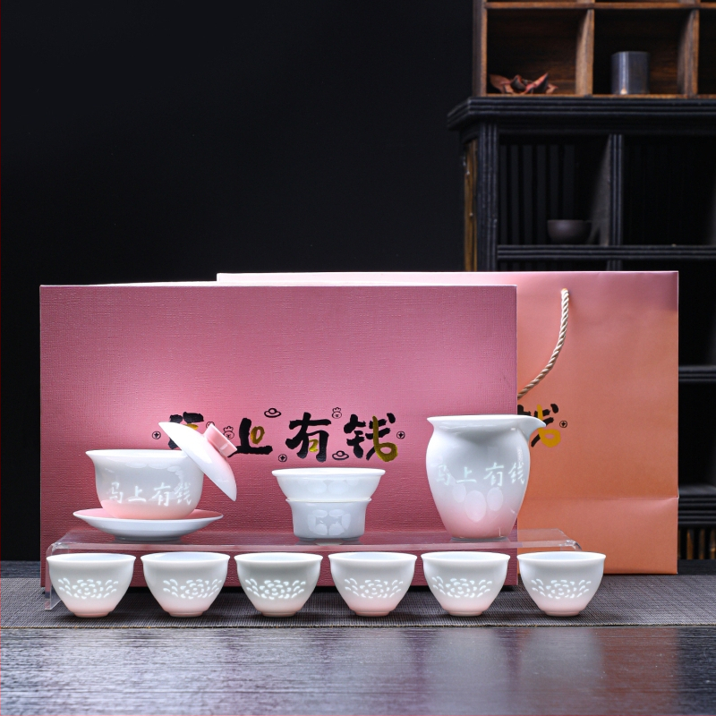 Set de ceai din ceramică roz, porțelan alb, cutie cadou, servește șase persoane, stil minimalist modern, ediție Anul Calului