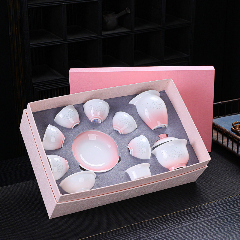 Set de ceai din ceramică roz, porțelan alb, cutie cadou, servește șase persoane, stil minimalist modern, ediție Anul Calului