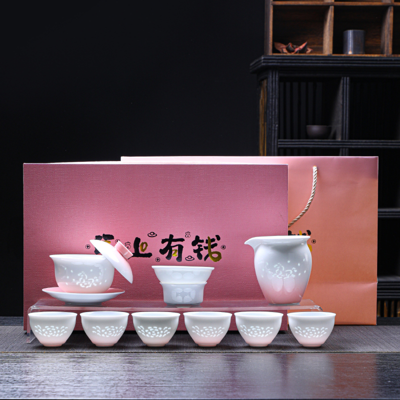 Set de ceai din ceramică roz, porțelan alb, cutie cadou, servește șase persoane, stil minimalist modern, ediție Anul Calului
