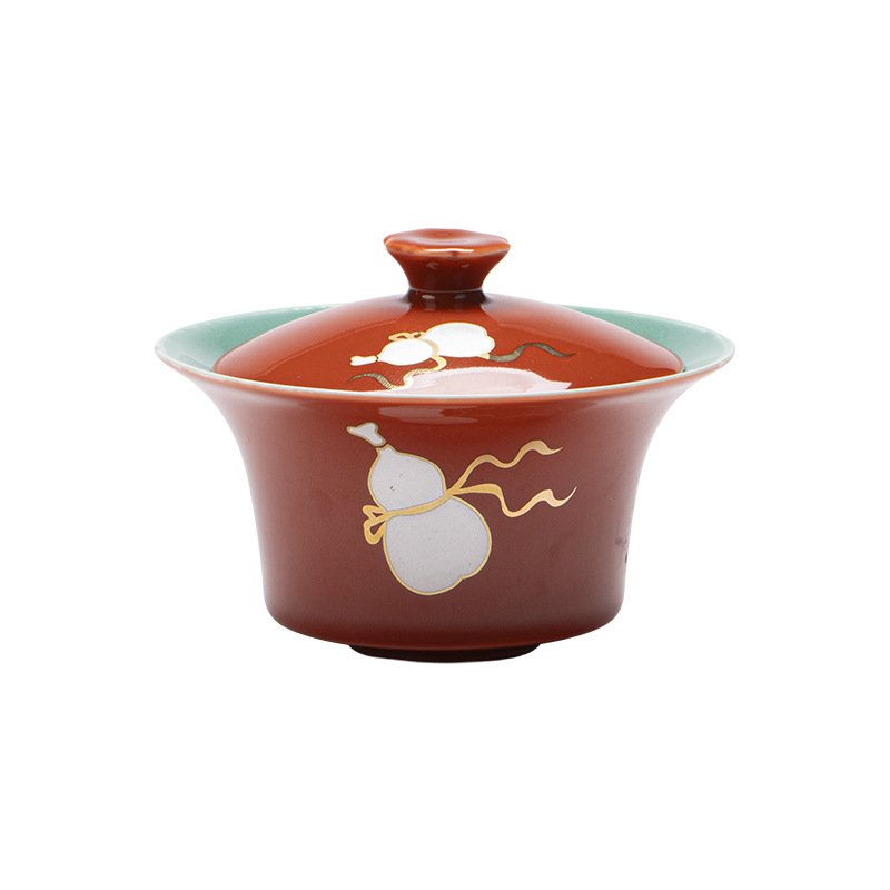 Ceainic gaiwan din porțelan Ru Kiln, Roșu Noroc, Mare, Anti-arzire, Făcut Manual pentru ceai de ceremonie
