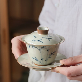 Gaiwan ceramic cu design de bambus, pictat manual, glazură cu cenușă vegetală, pentru ceai Gongfu
