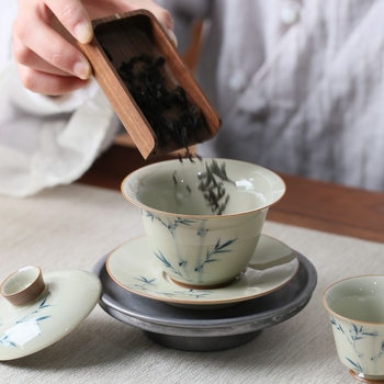 Gaiwan ceramic cu design de bambus, pictat manual, glazură cu cenușă vegetală, pentru ceai Gongfu