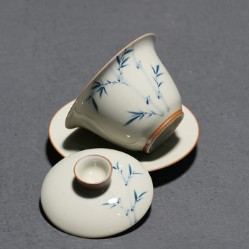 Gaiwan ceramic cu design de bambus, pictat manual, glazură cu cenușă vegetală, pentru ceai Gongfu