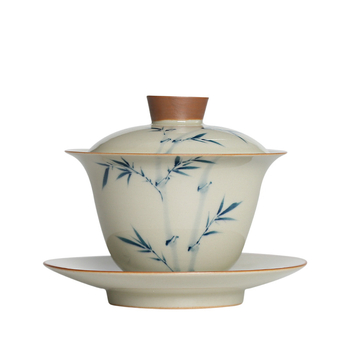 Gaiwan ceramic cu design de bambus, pictat manual, glazură cu cenușă vegetală, pentru ceai Gongfu