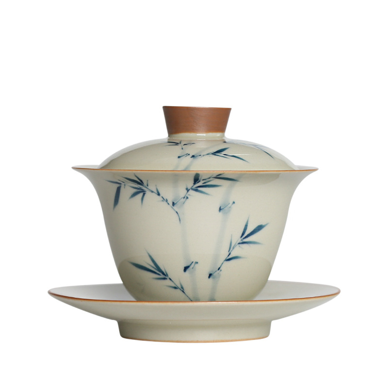 Gaiwan ceramic cu design de bambus, pictat manual, glazură cu cenușă vegetală, pentru ceai Gongfu