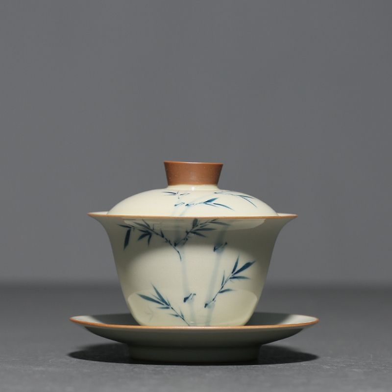 Gaiwan ceramic cu design de bambus, pictat manual, glazură cu cenușă vegetală, pentru ceai Gongfu