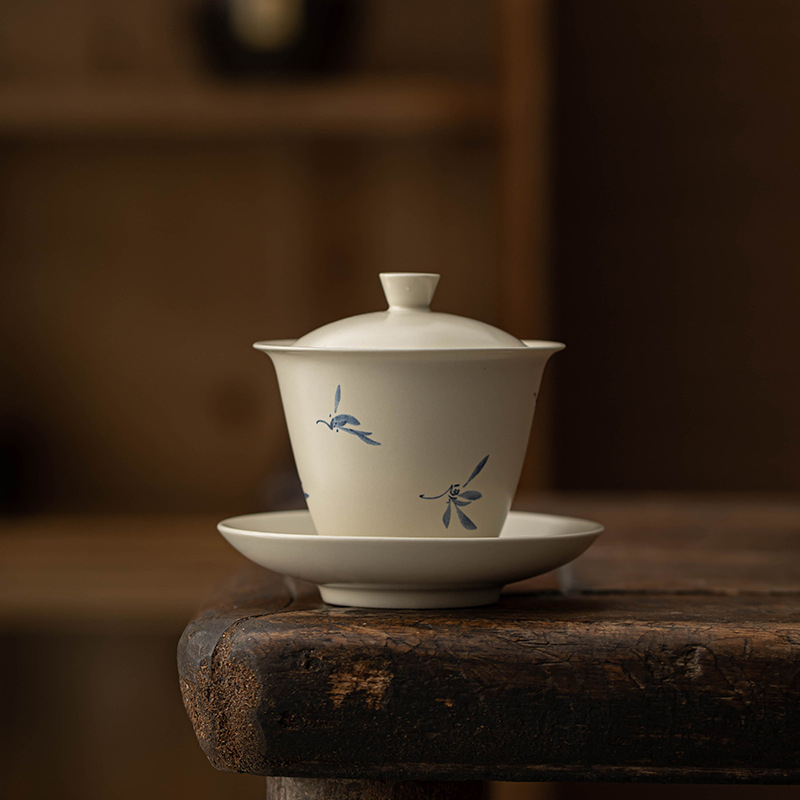 Gaiwan ceramic, trei piese, pictură manuală în nuanță cenușiu-ash, pentru uz casnic, stil minimalist de lux, set Gongfu de ceai, ceașcă cu capac anti-arzuri