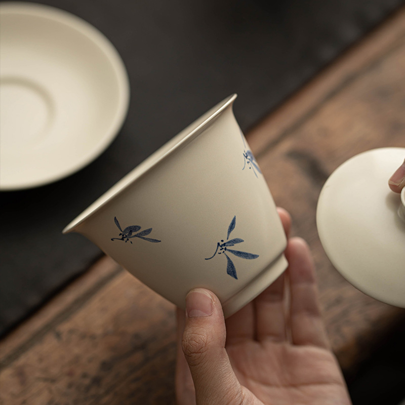 Gaiwan ceramic, trei piese, pictură manuală în nuanță cenușiu-ash, pentru uz casnic, stil minimalist de lux, set Gongfu de ceai, ceașcă cu capac anti-arzuri