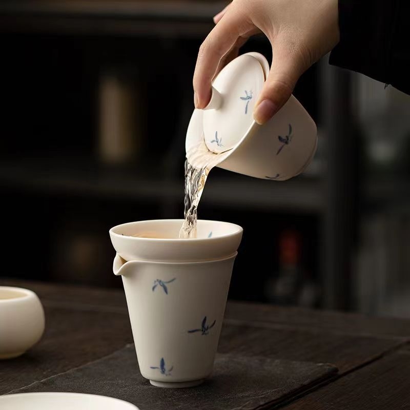 Set de ceai ceramic pictat manual cu orhidee, porțelan alb lapte, pentru casă și birou, bol cu capac în stil gaiwan pentru ceai Gongfu