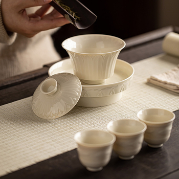 Guanlan gaiwan chinezesc retro cu petale albe de lotus, ceașcă ceramică cu capac pentru ceai Gongfu