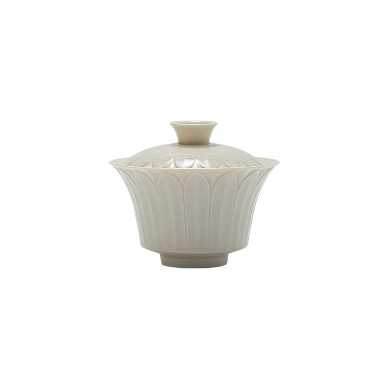 Guanlan gaiwan chinezesc retro cu petale albe de lotus, ceașcă ceramică cu capac pentru ceai Gongfu