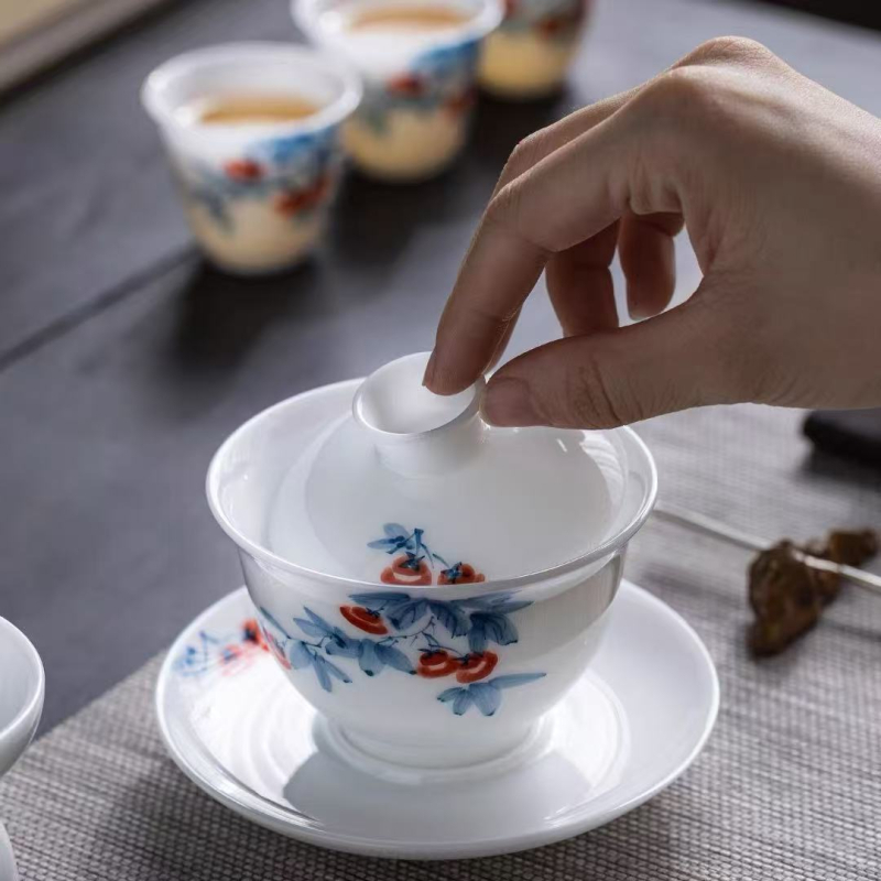 Porțelan Ice Jade, pictat manual, Persimmon și Ruyi — set ceai cu capac într-o cutie cadou