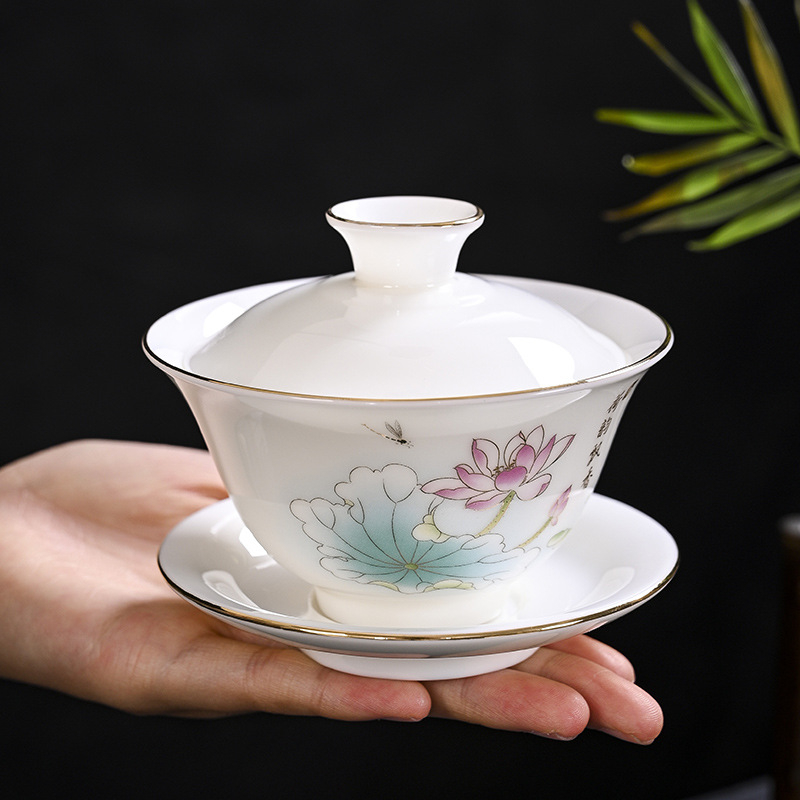 Set de ceai din porțelan alb de calitate, porțelan de oase, pentru 6 persoane, pictat manual, stil modern minimalist, gaiwan cu cești