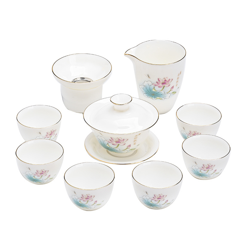 Set de ceai din porțelan alb de calitate, porțelan de oase, pentru 6 persoane, pictat manual, stil modern minimalist, gaiwan cu cești