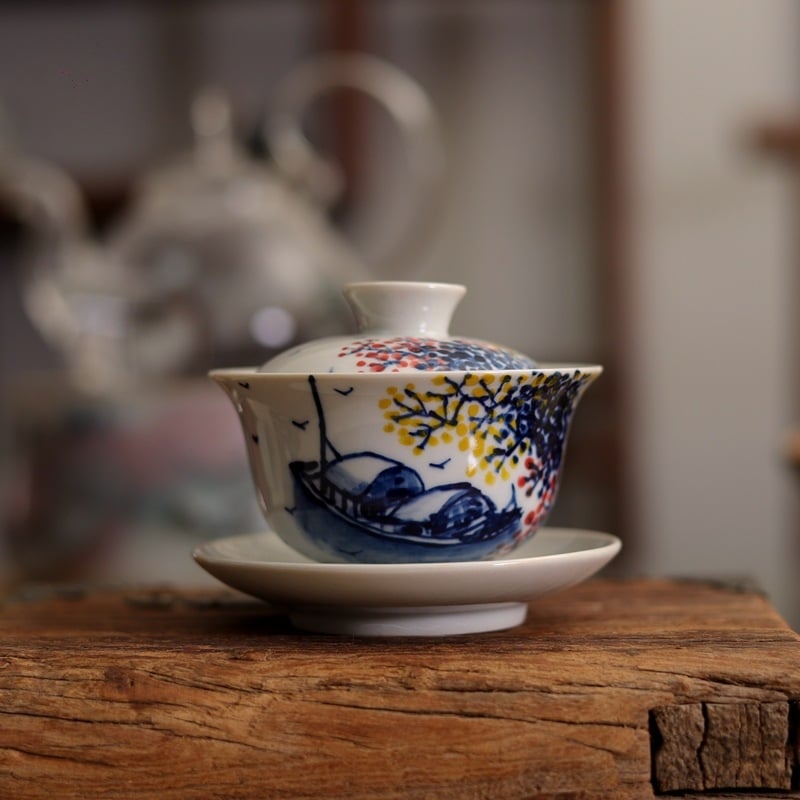 Ceașcă de ceai ceramică pictată manual, inspirată de stilul tradițional chinezesc pentru ceremonia ceaiului, vas mic cu capac în trei părți