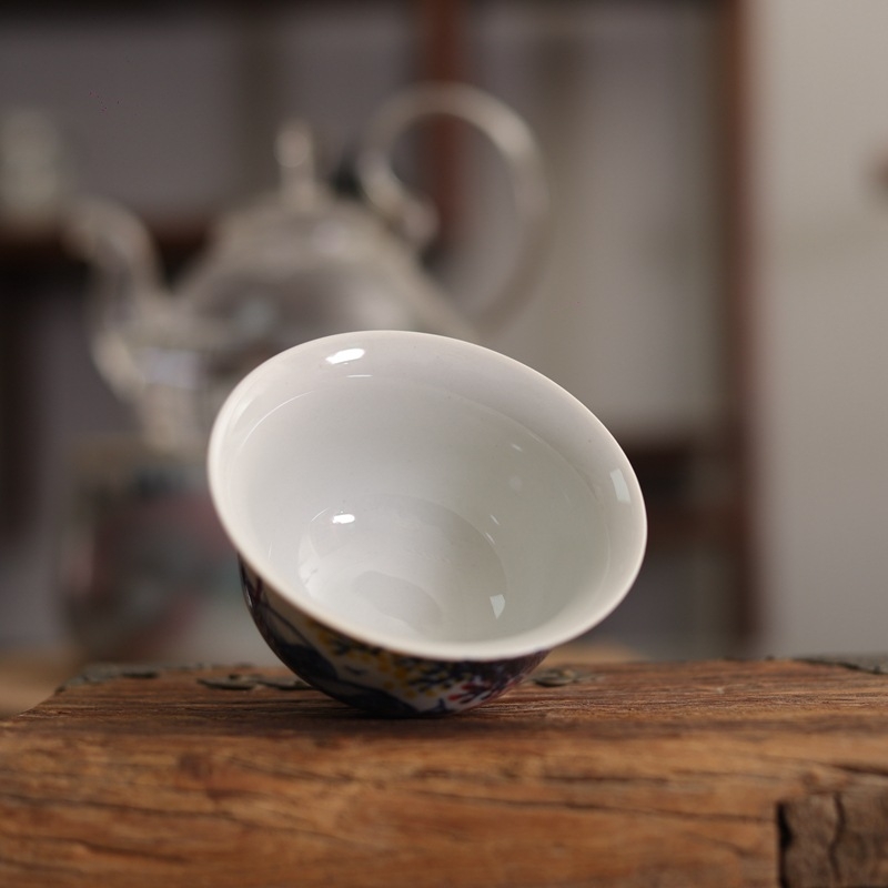 Ceașcă de ceai ceramică pictată manual, inspirată de stilul tradițional chinezesc pentru ceremonia ceaiului, vas mic cu capac în trei părți