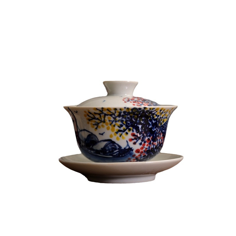 Ceașcă de ceai ceramică pictată manual, inspirată de stilul tradițional chinezesc pentru ceremonia ceaiului, vas mic cu capac în trei părți