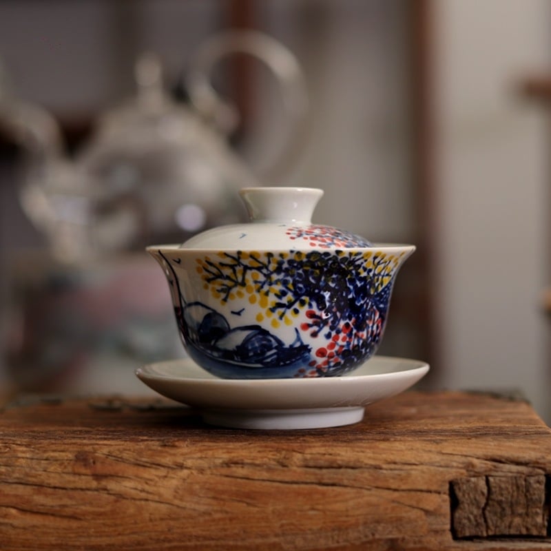 Ceașcă de ceai ceramică pictată manual, inspirată de stilul tradițional chinezesc pentru ceremonia ceaiului, vas mic cu capac în trei părți