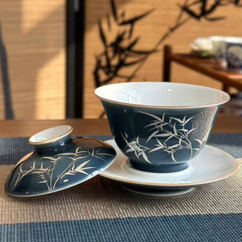 Gaiwan ceramic din Jingdezhen cu glazură Sancai Qing Silver Bamboo Blue, vas de ceai Gongfu