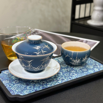 Gaiwan ceramic din Jingdezhen cu glazură Sancai Qing Silver Bamboo Blue, vas de ceai Gongfu