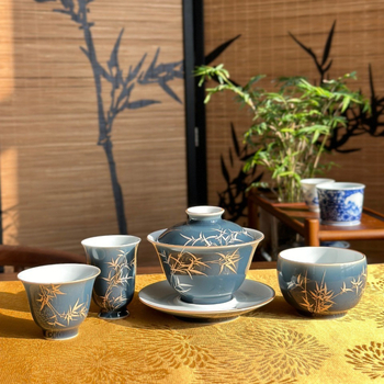 Gaiwan ceramic din Jingdezhen cu glazură Sancai Qing Silver Bamboo Blue, vas de ceai Gongfu