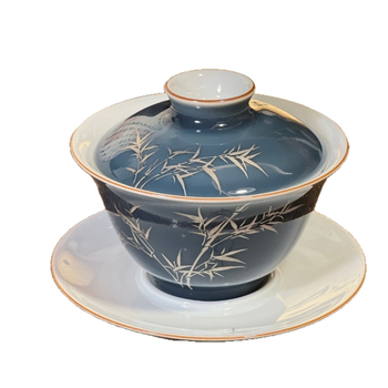 Gaiwan ceramic din Jingdezhen cu glazură Sancai Qing Silver Bamboo Blue, vas de ceai Gongfu