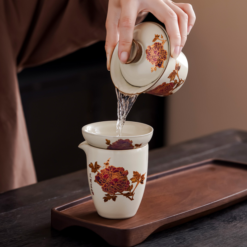 Set de ceai ceramic cu schimbare de culoare, în stil Ru Kiln, cu design floral, include gaiwan, cești de ceai și ceșcuță de distribuție; imprimare logo disponibil
