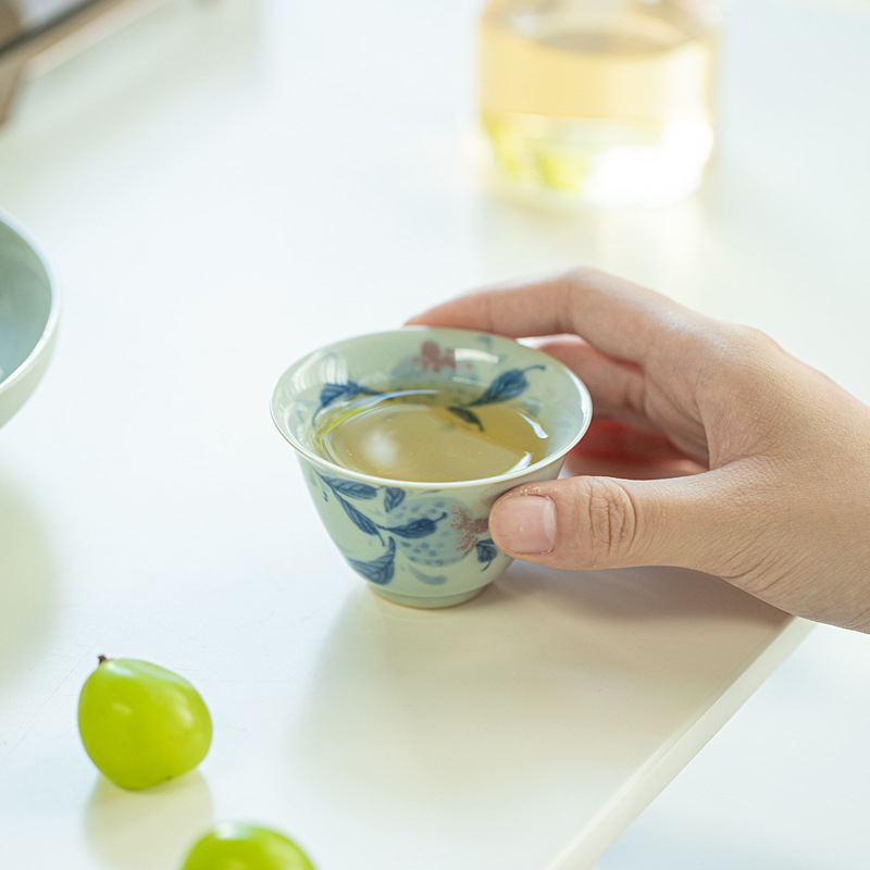 Ceșcuță de ceai antică, albastru-alb cu rod, set Gongfu din ceramică, glazură sub glazură, retro, 50 ml, ceașcă individuală