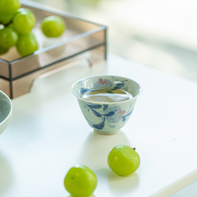 Ceșcuță de ceai antică, albastru-alb cu rod, set Gongfu din ceramică, glazură sub glazură, retro, 50 ml, ceașcă individuală
