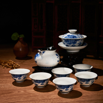 Set de ceai Kung Fu din porțelan albastru-alb, gaiwan ceramic și cești Mari, KP-95