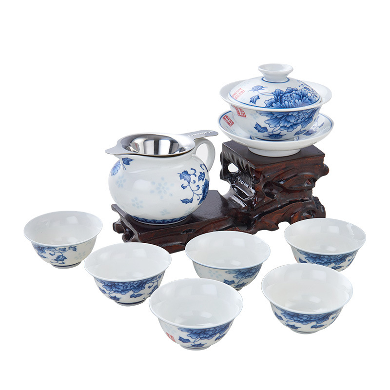 Set de ceai Kung Fu din porțelan albastru-alb, gaiwan ceramic și cești Mari, KP-95