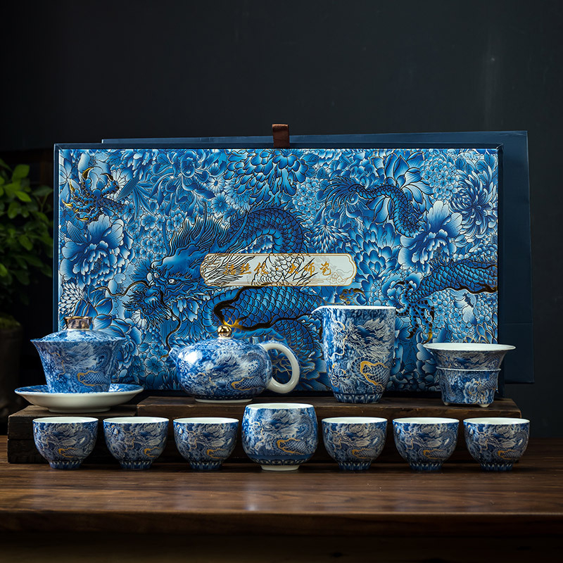 Valódi, magas minőségű kézzel készített Gongfu teáskészlet cloisonné ezüst dragon, zománc és jáde, gaiwan fedéllel és Phoenix teáskannával