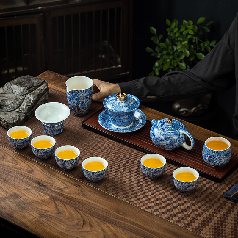 Valódi, magas minőségű kézzel készített Gongfu teáskészlet cloisonné ezüst dragon, zománc és jáde, gaiwan fedéllel és Phoenix teáskannával
