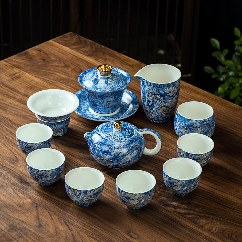 Valódi, magas minőségű kézzel készített Gongfu teáskészlet cloisonné ezüst dragon, zománc és jáde, gaiwan fedéllel és Phoenix teáskannával