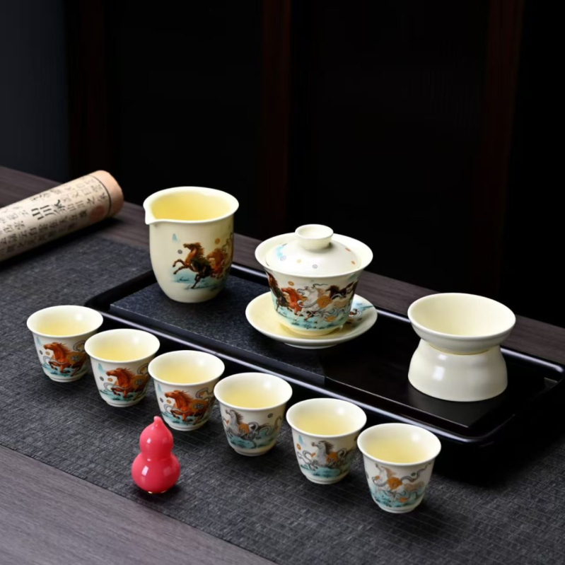 Set de ceai Jinmanafu pentru casă și birou, ceremonie de ceai tradițională chinezească, vas ceramic acoperit cu glazură în trei culori, cutie cadou, servește până la 6 persoane