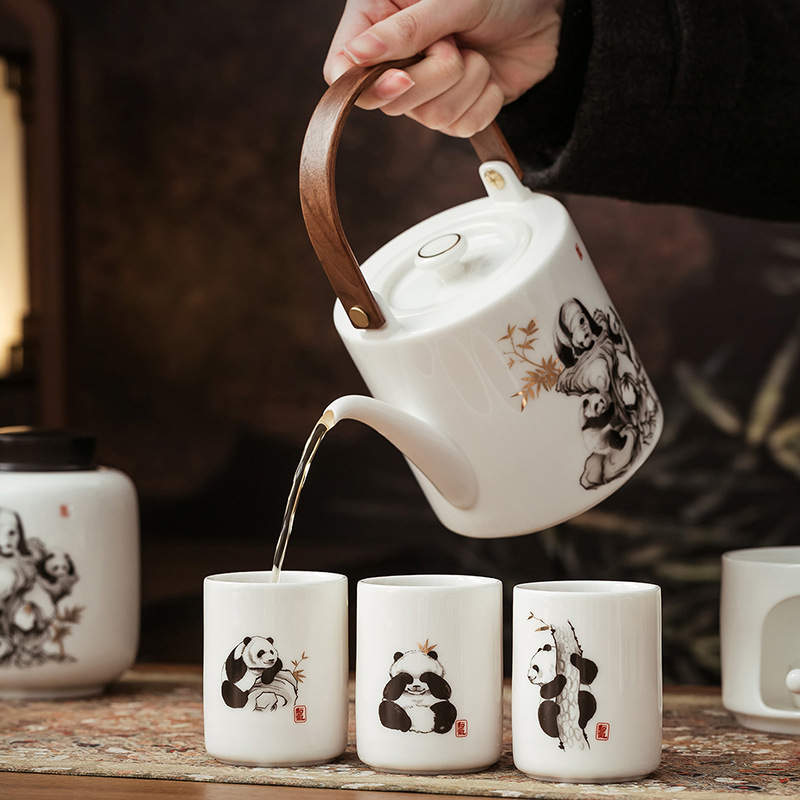 Set ceai Panda din porțelan, pictură manuală în stil retro, pentru 3-5 porții, cadou de afaceri