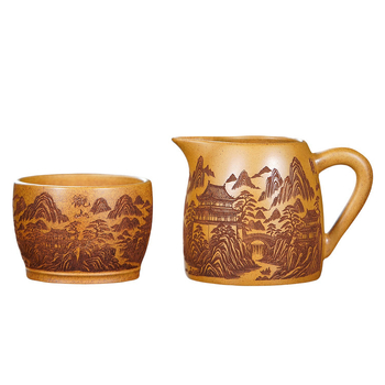 Ceainic Yixing din lut purpuriu, lucrat manual, set de ceai cu ceașcă de degustare și ceașcă maestru gravate