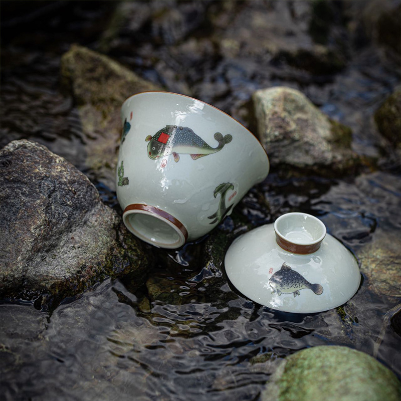 Set de ceai gaiwan cu capac, ceramică cu glazură celadon, accesorii pentru ceremonia Gongfu, în cutie cadou