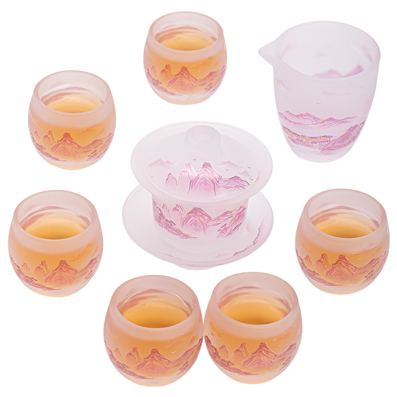 Set de ceai din sticlă, cu finisaj cristalin mat, bol cu capac și cești într-o cutie cadou, stil Kung Fu, pentru 6 persoane.