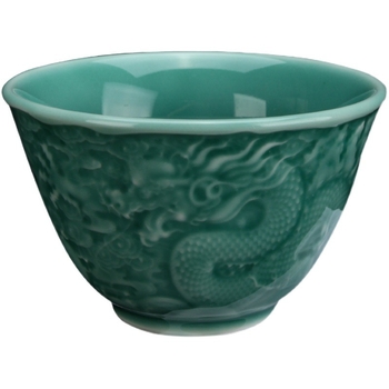 ceașcă de ceai Celadon cu relief dragon și phoenix, glazură verde prune, stil antic chinezesc, pentru uz casnic